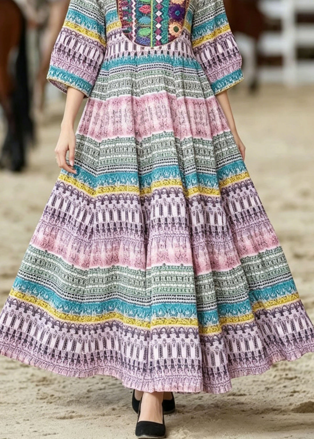 Bohemian O Neck Print Wrinkled Cotton Dresses Summer