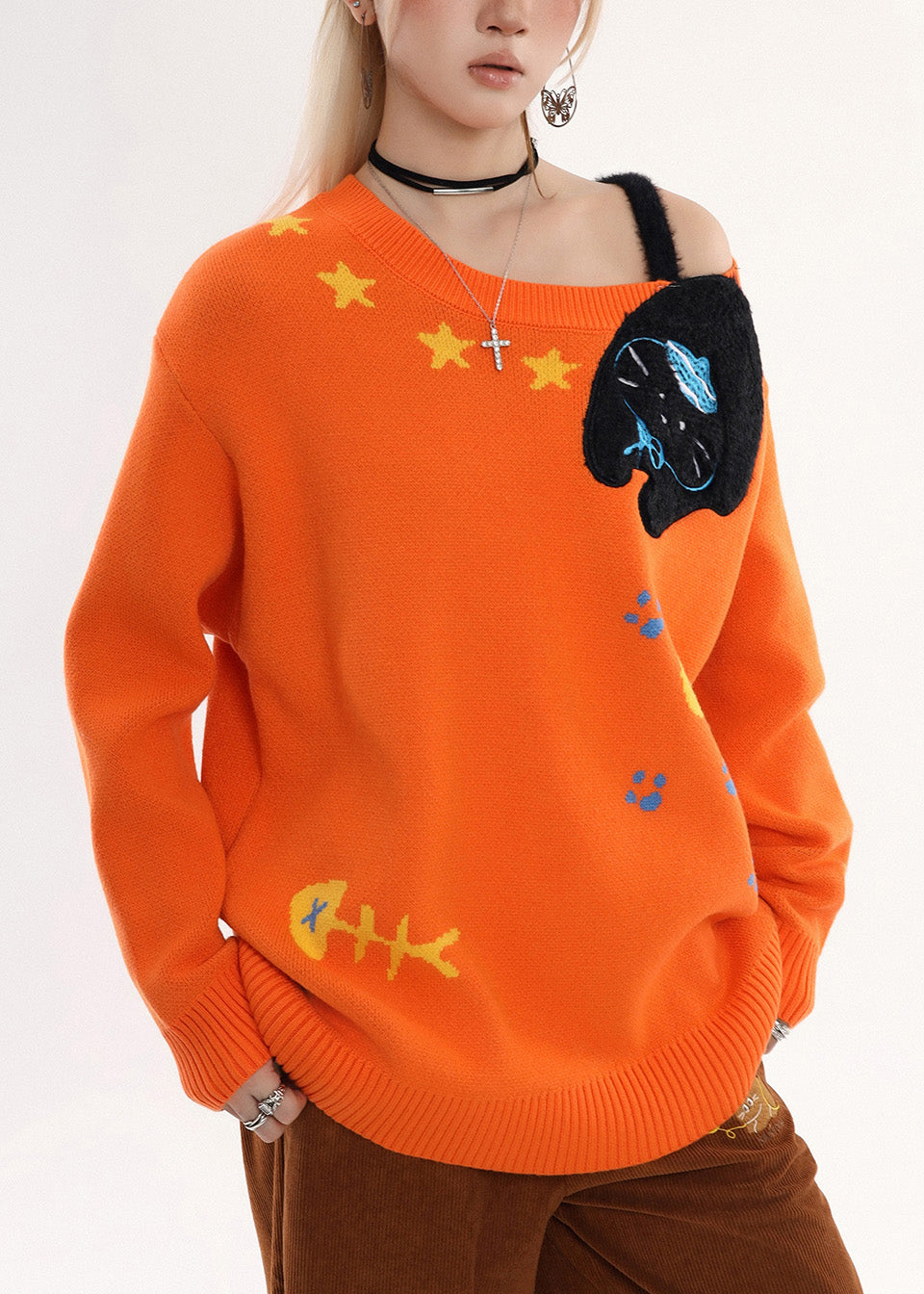 Bohemian Orange Embroidered Cold Shoulder Knit Sweater Winter