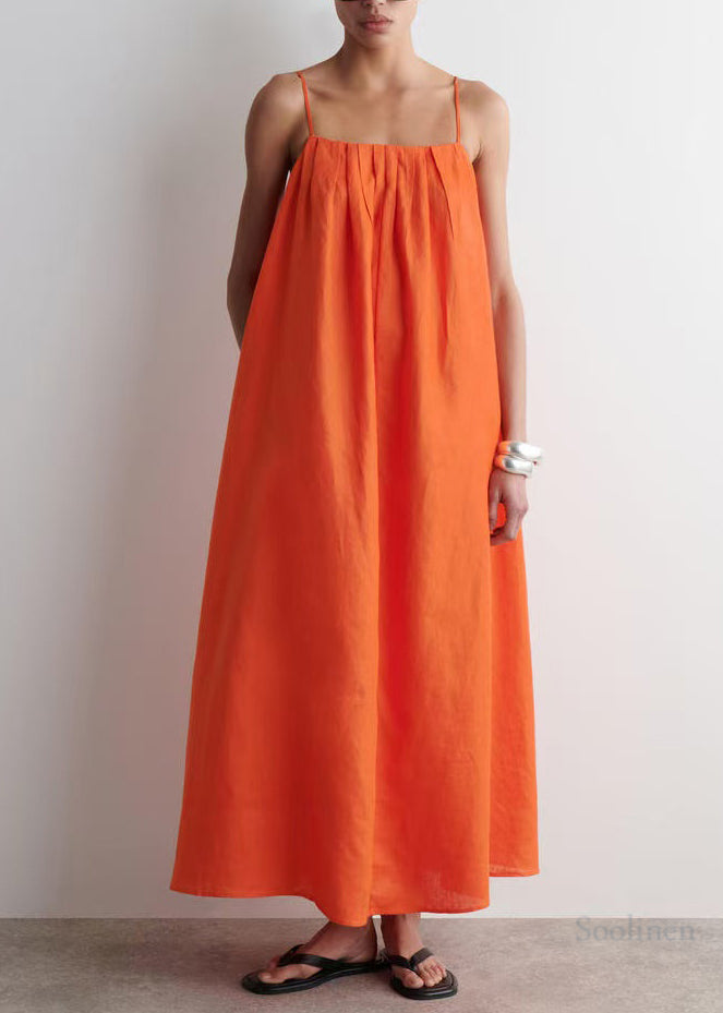Bohemian Orange Oversized Linen Spaghetti Strap Dress Summer