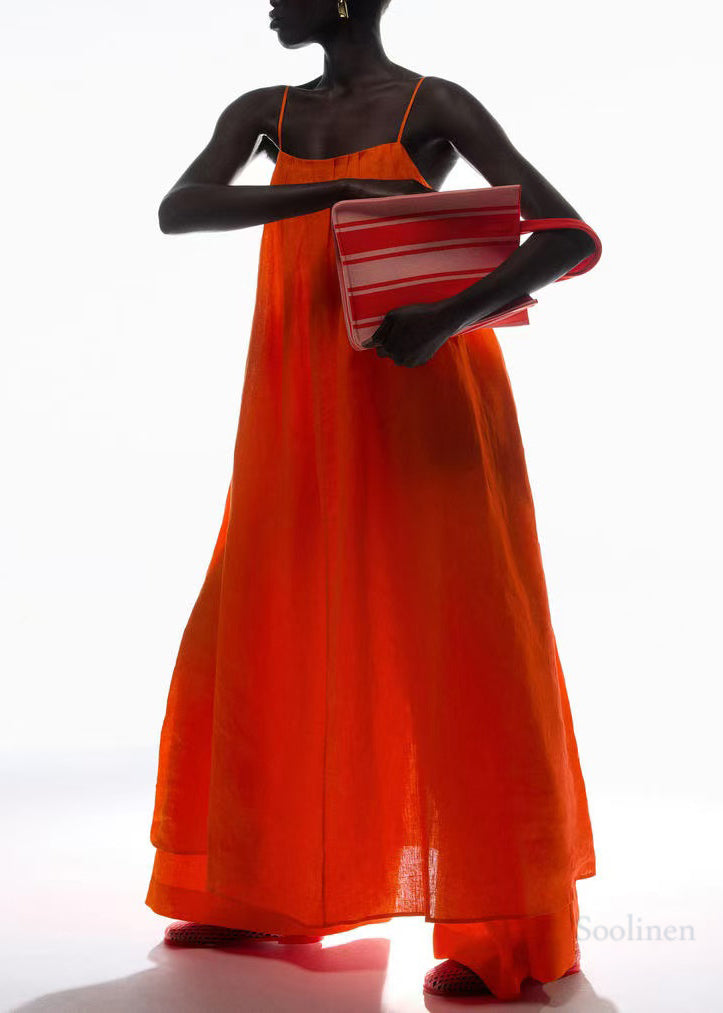 Bohemian Orange Oversized Linen Spaghetti Strap Dress Summer