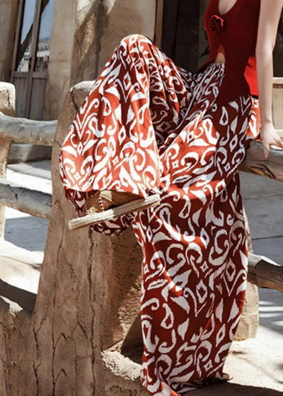 Bohemian Orange Print Tie Waist Wide Leg Pants Summer