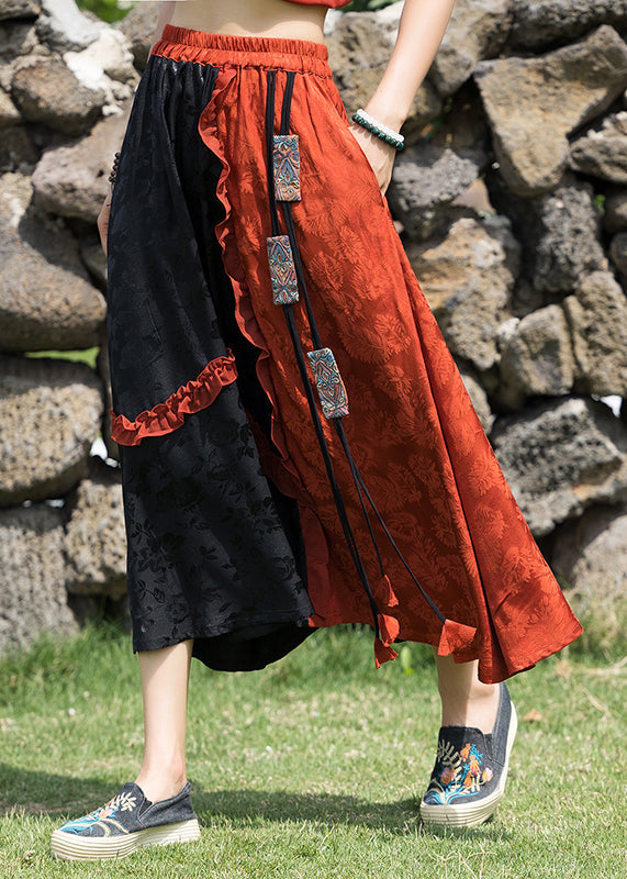 Bohemian Orange Ruffled Jacquard Patchwork Silk Skirts Summer