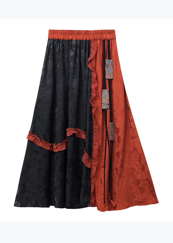 Bohemian Orange Ruffled Jacquard Patchwork Silk Skirts Summer