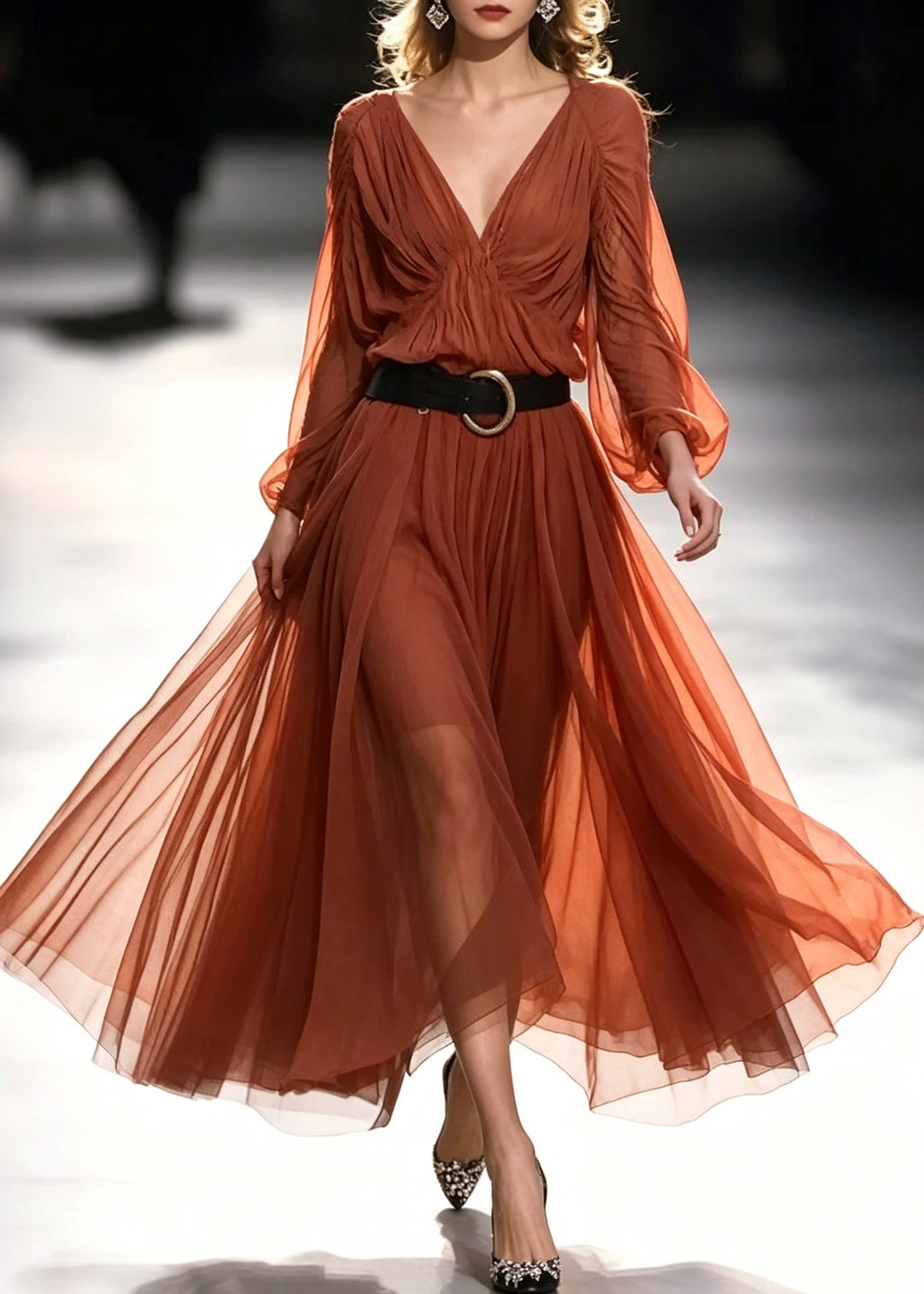 Bohemian Orange V Neck Sashes Long Dresses Fall