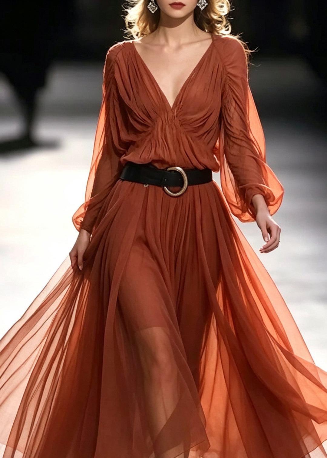 Bohemian Orange V Neck Sashes Long Dresses Fall