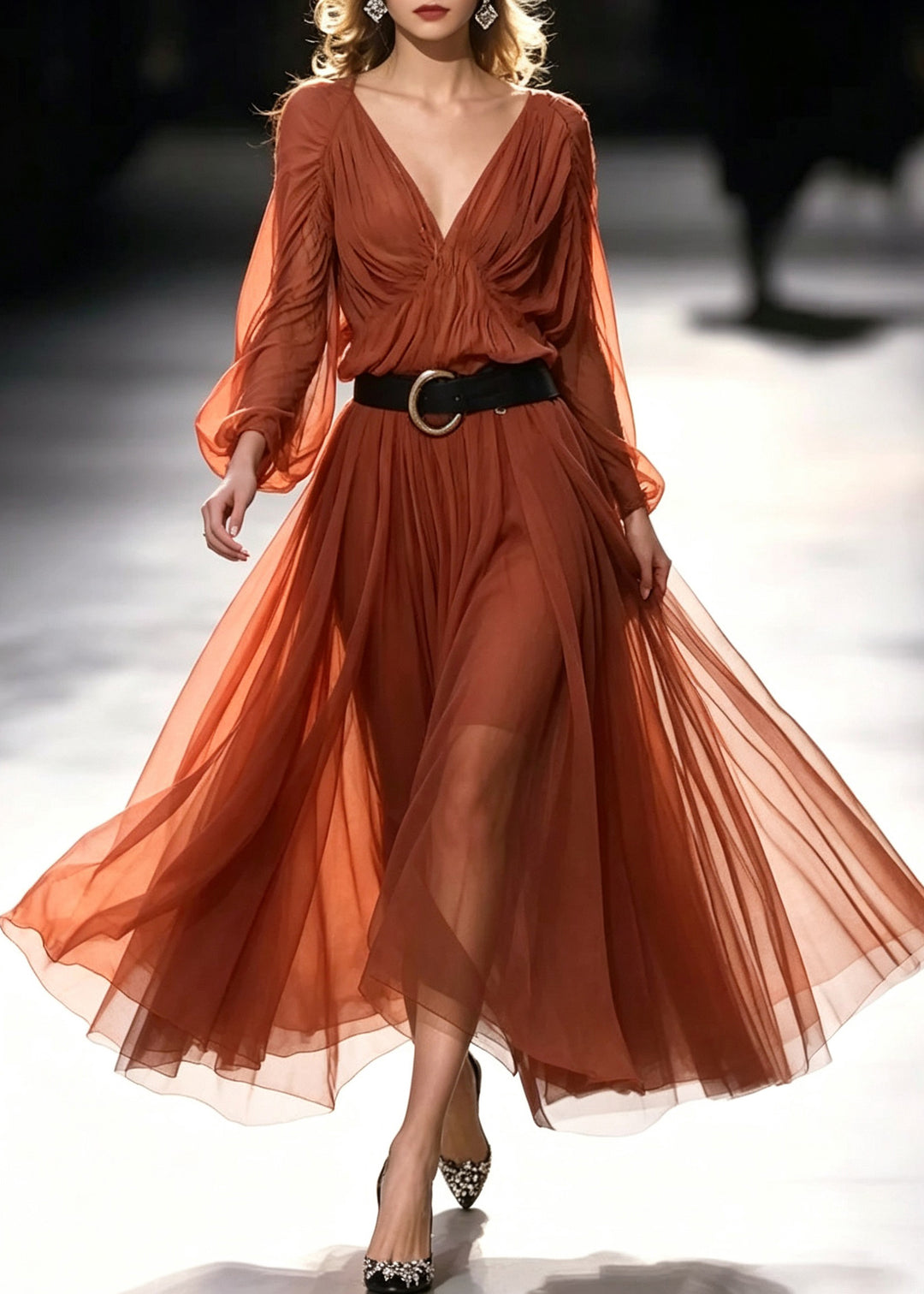 Bohemian Orange V Neck Sashes Long Dresses Fall