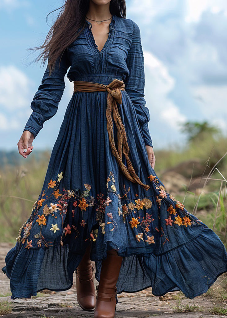 Bohemian Pastoral Blue Print Wrinkled Patchwork Cotton Ankle Dress Spring