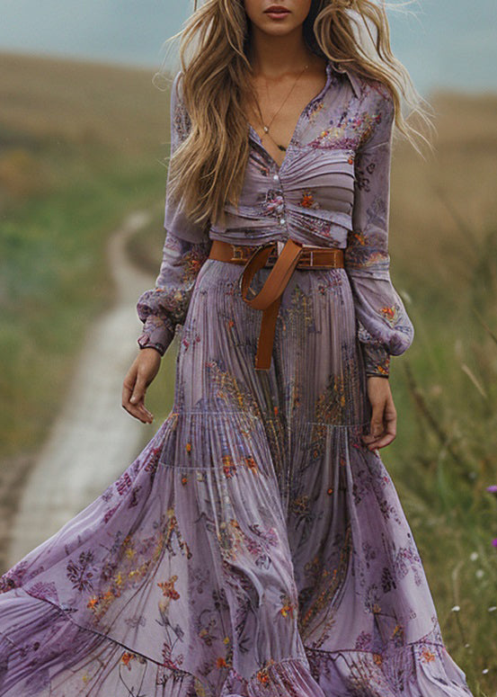 Bohemian Pastoral Purple V Neck Print Dresses Long Sleeve