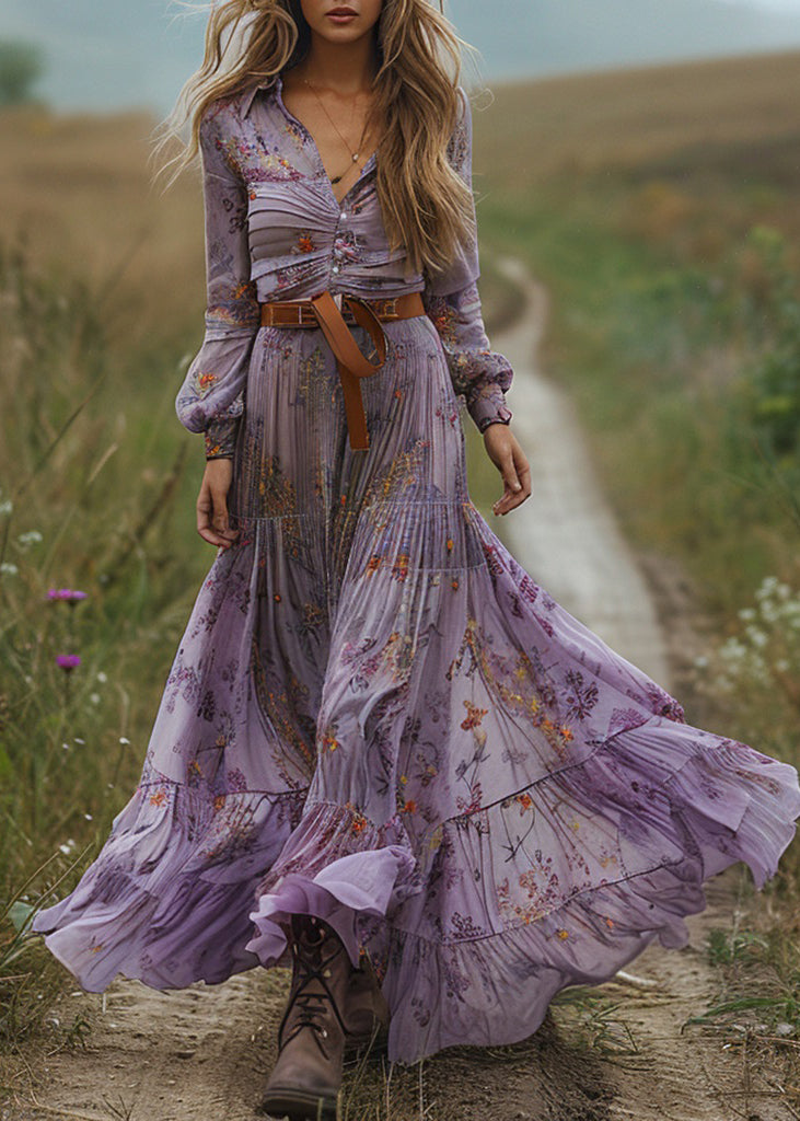 Bohemian Pastoral Purple V Neck Print Dresses Long Sleeve