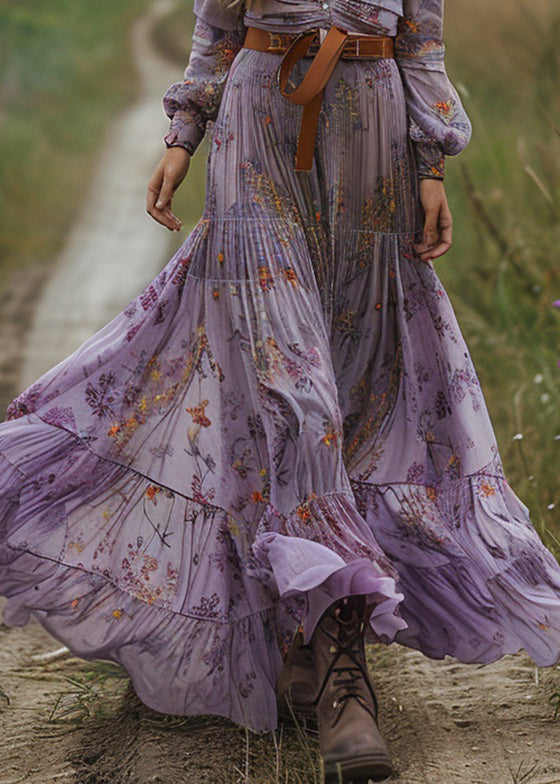 Bohemian Pastoral Purple V Neck Print Dresses Long Sleeve