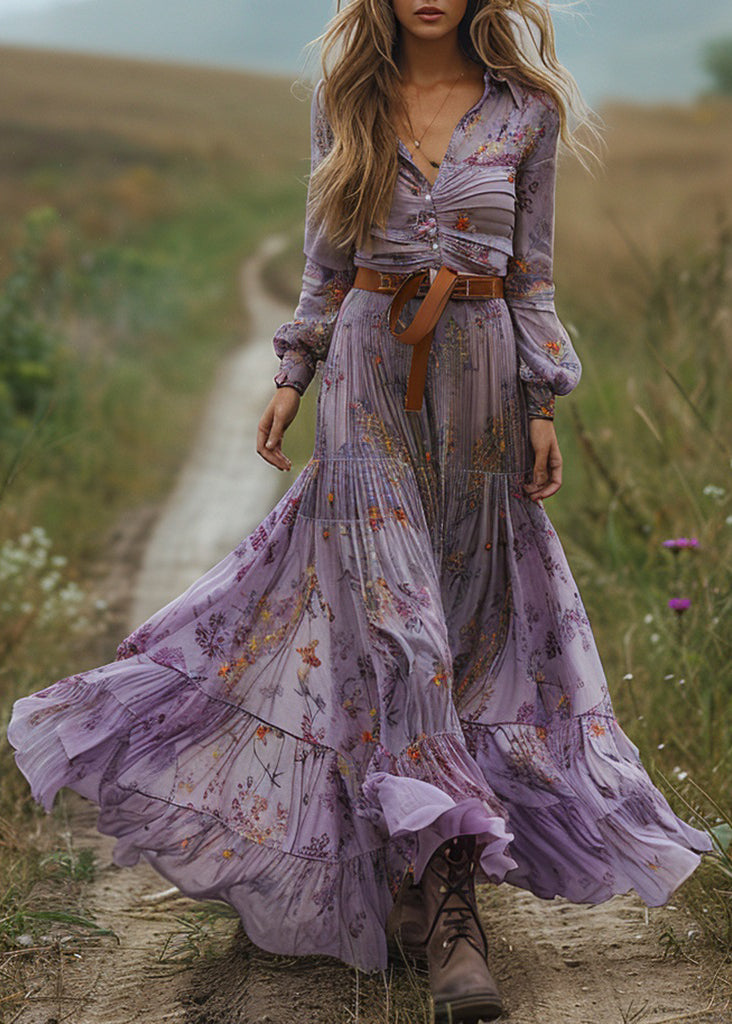 Bohemian Pastoral Purple V Neck Print Dresses Long Sleeve