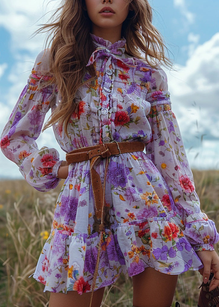 Bohemian Pastoral Style Floral Ruffled Patchwork Mini Dress Long Sleeved