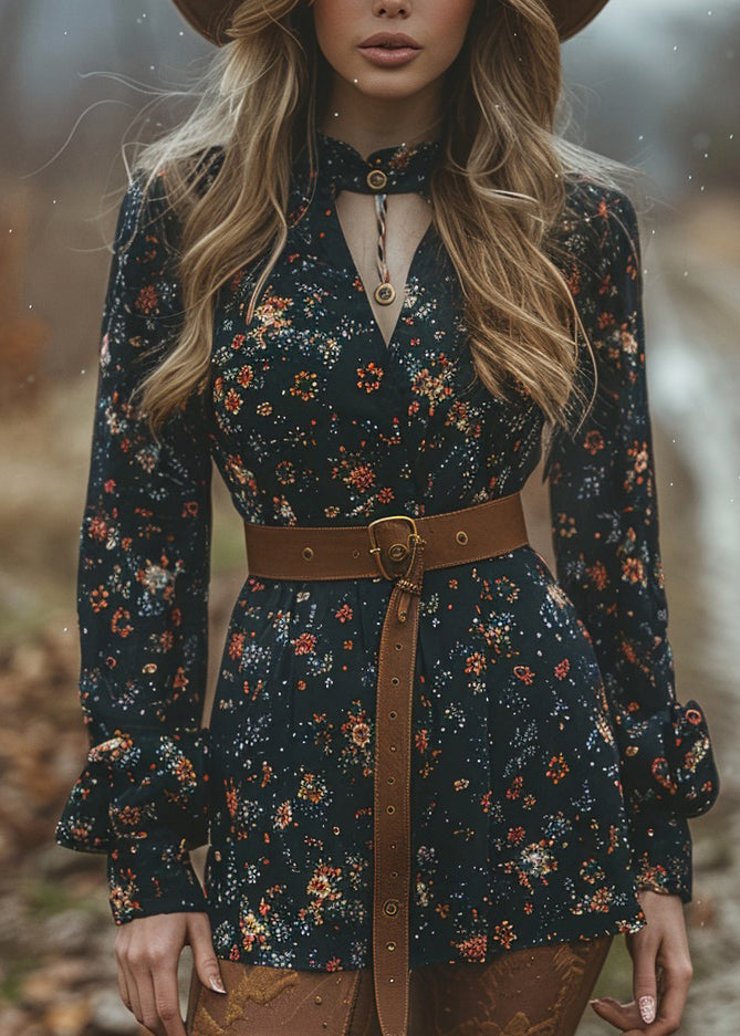 Bohemian Pastoral Style V Neck Print Cotton Short Dress Spring