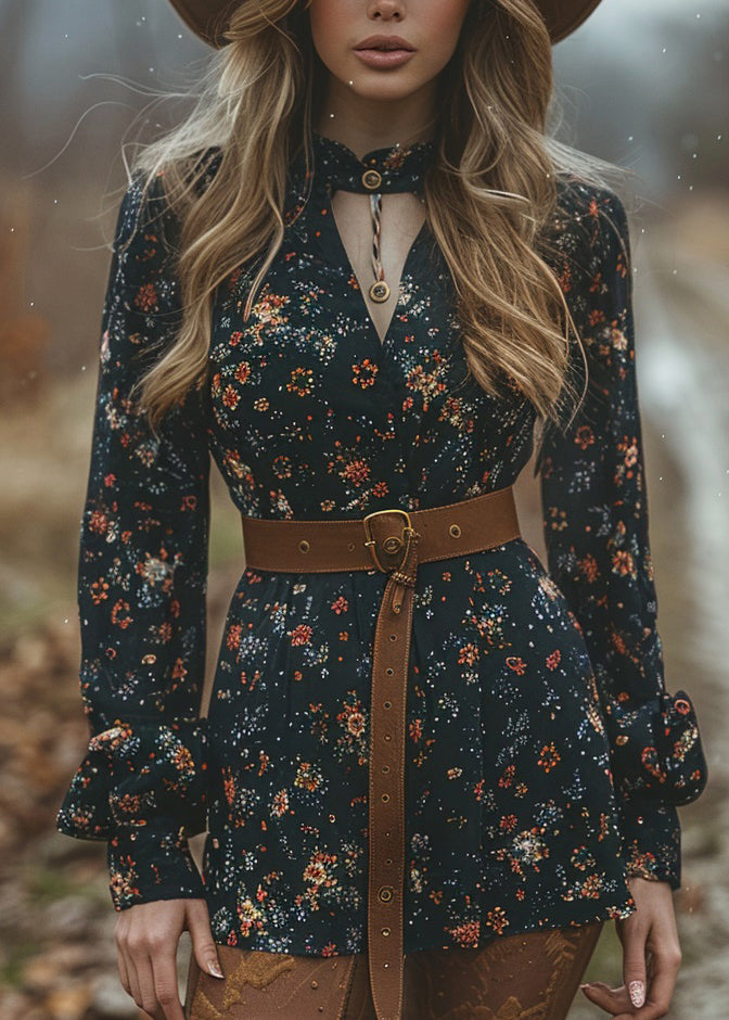 Bohemian Pastoral Style V Neck Print Cotton Short Dress Spring