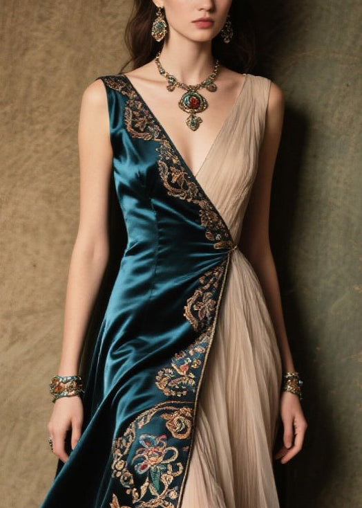 Bohemian Peacock Blue Jacquard Tulle Patchwork Silk Velour Dress Summer