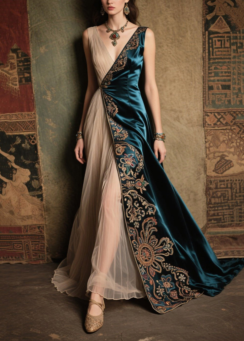 Bohemian Peacock Blue Jacquard Tulle Patchwork Silk Velour Dress Summer