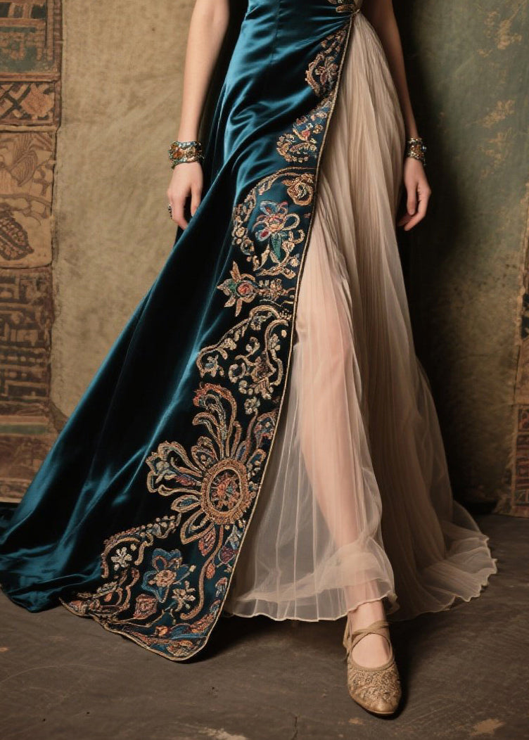 Bohemian Peacock Blue Jacquard Tulle Patchwork Silk Velour Dress Summer
