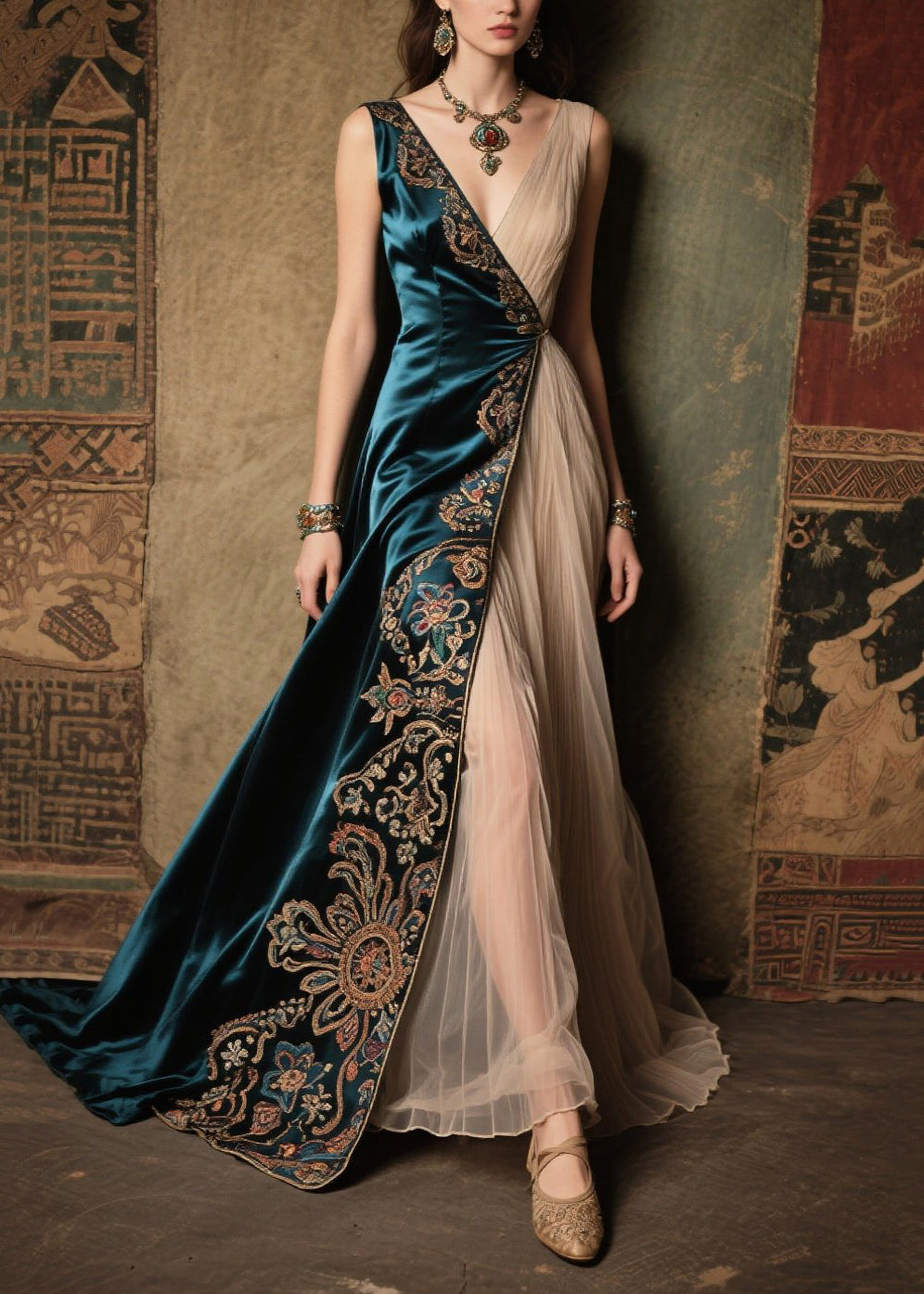 Bohemian Peacock Blue Jacquard Tulle Patchwork Silk Velour Dress Summer