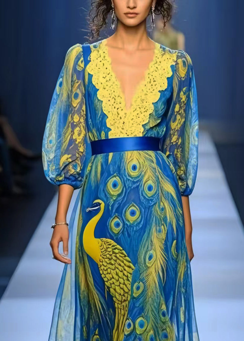 Bohemian Peacock Blue Print Patchwork Lace Chiffon Dress Summer