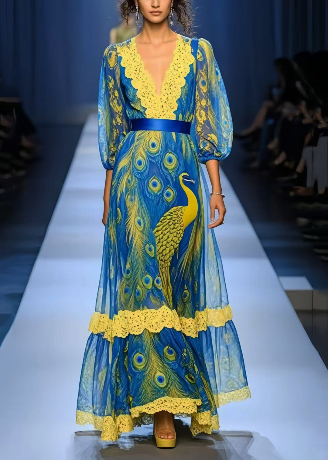 Bohemian Peacock Blue Print Patchwork Lace Chiffon Dress Summer