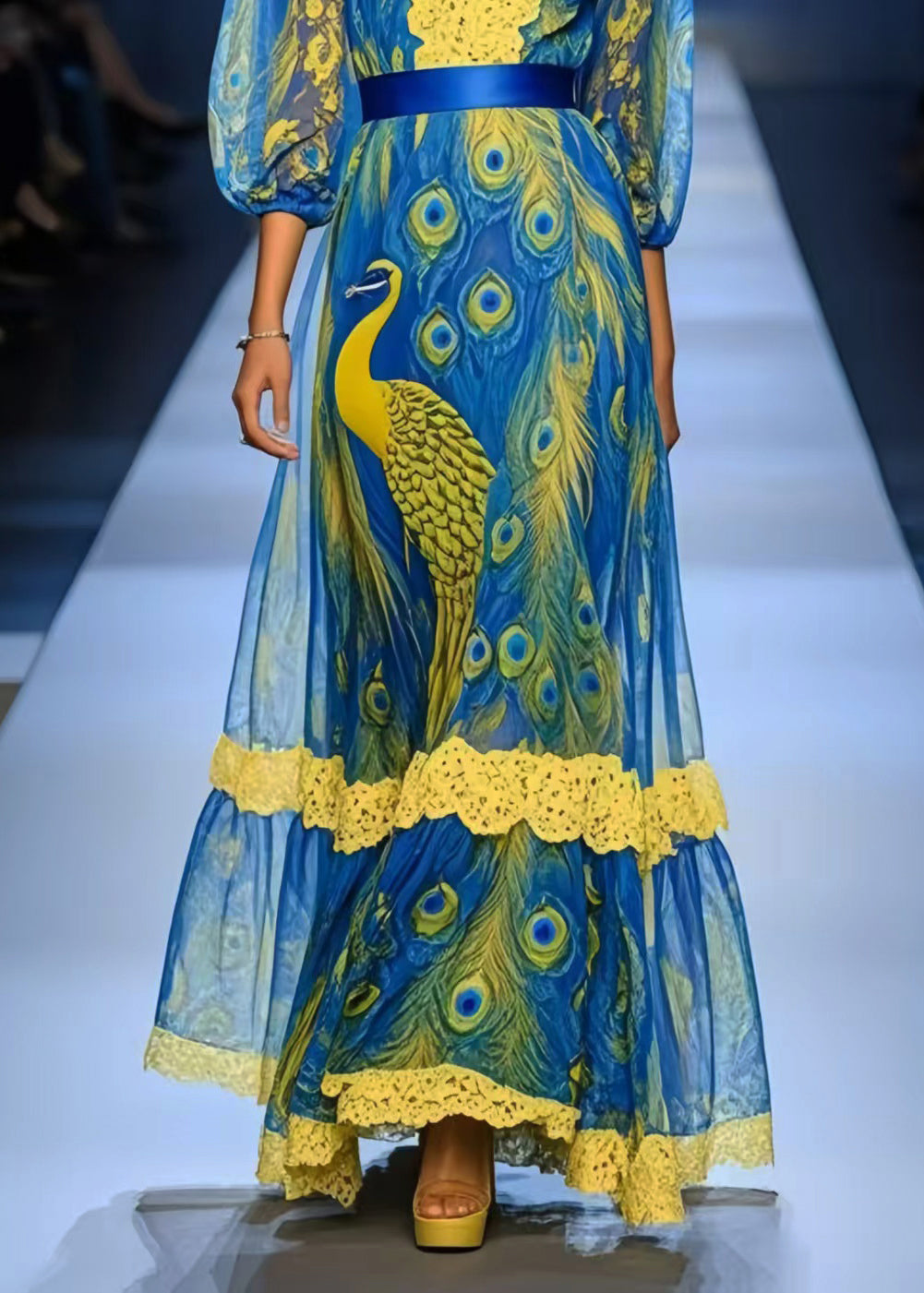 Bohemian Peacock Blue Print Patchwork Lace Chiffon Dress Summer