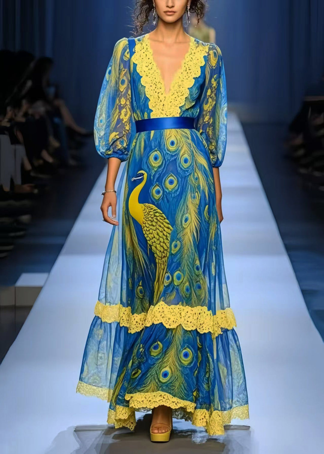 Bohemian Peacock Blue Print Patchwork Lace Chiffon Dress Summer