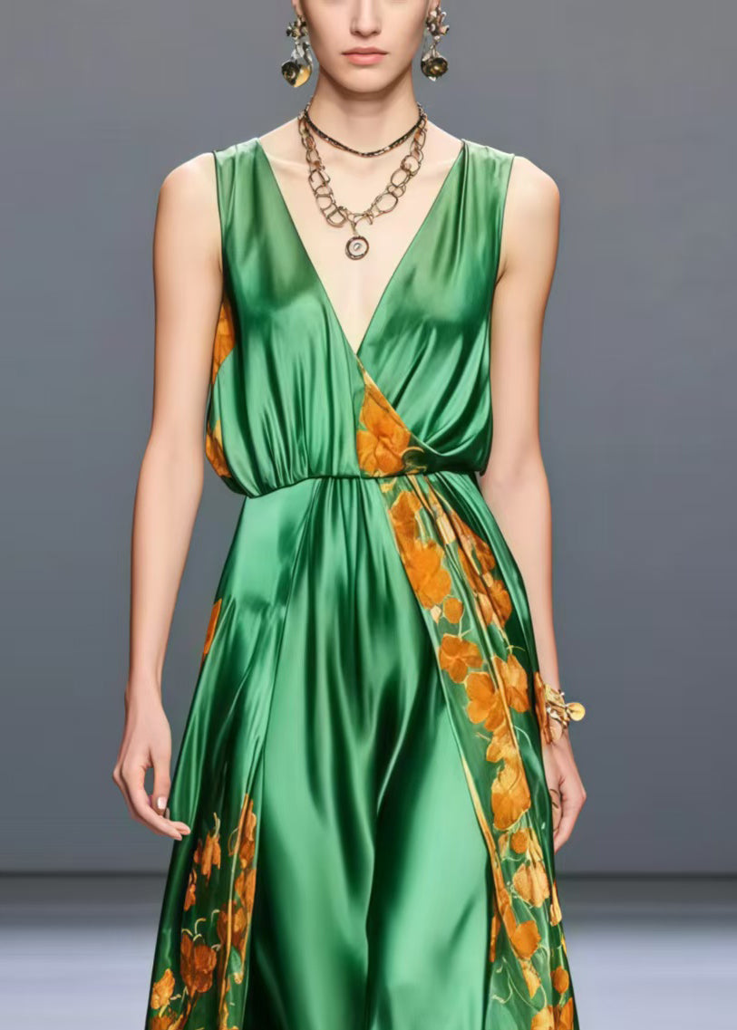 Bohemian Peacock Green V Neck Print Silk Holiday Dress Sleeveless