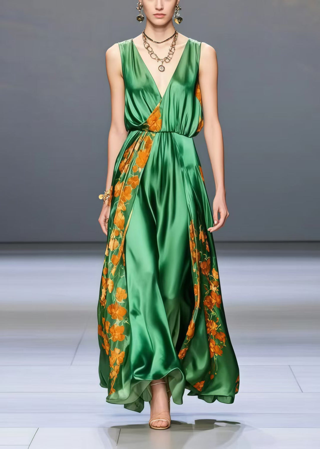Bohemian Peacock Green V Neck Print Silk Holiday Dress Sleeveless