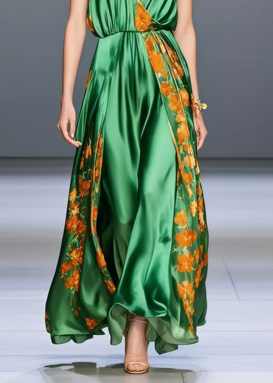 Bohemian Peacock Green V Neck Print Silk Holiday Dress Sleeveless