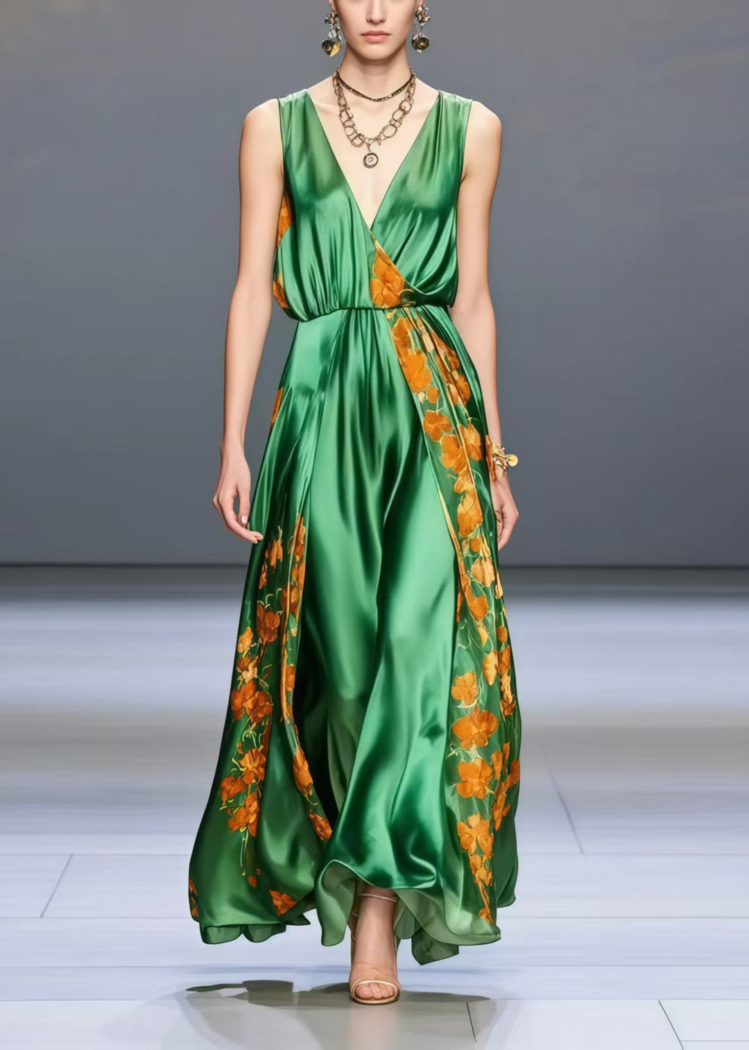 Bohemian Peacock Green V Neck Print Silk Holiday Dress Sleeveless