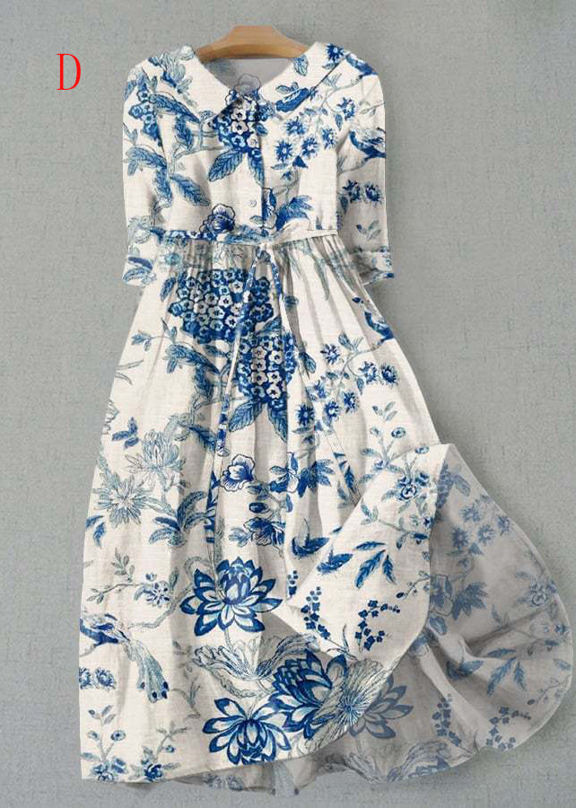 Bohemian Peter Pan Collar Print Lace Up Cotton Dress Summer