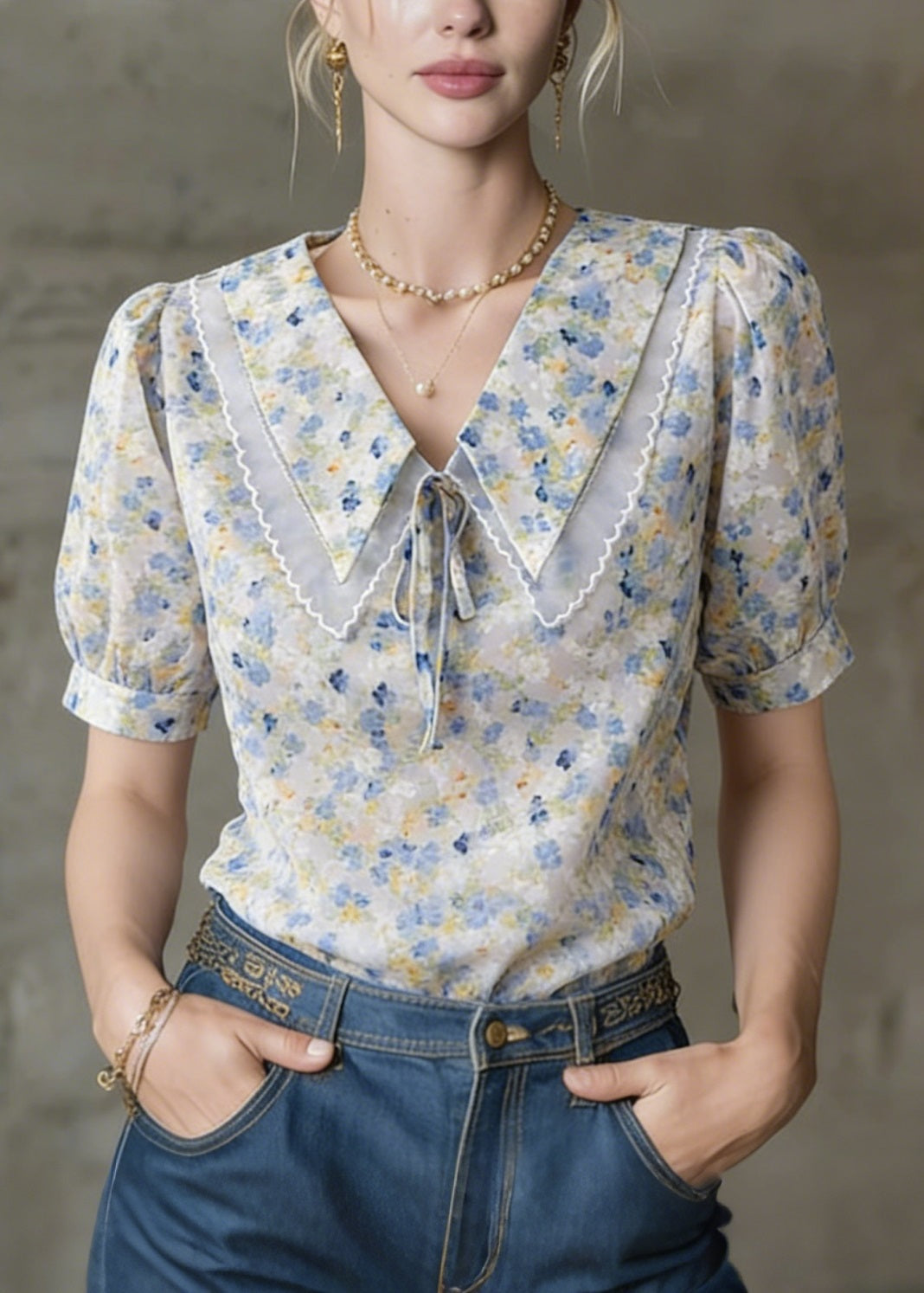 Bohemian Peter Pan Collar Puff Sleeve Print Tops Summer