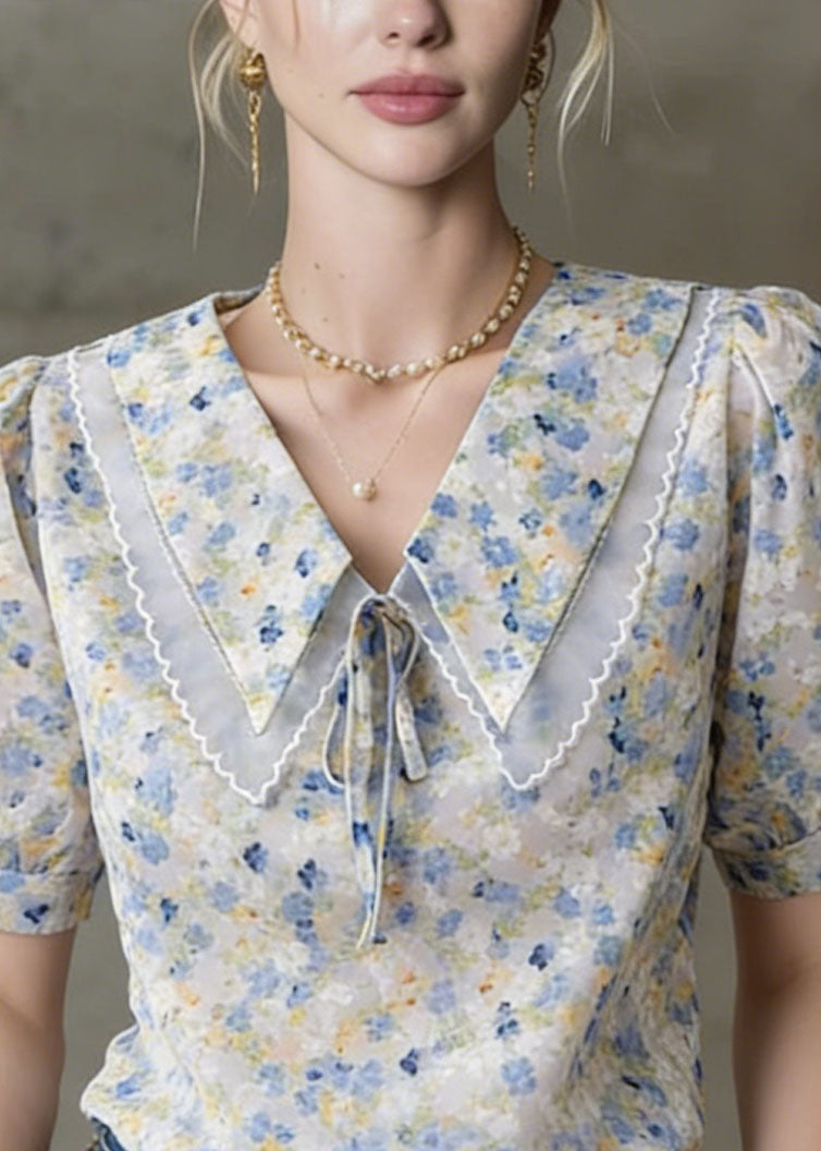 Bohemian Peter Pan Collar Puff Sleeve Print Tops Summer