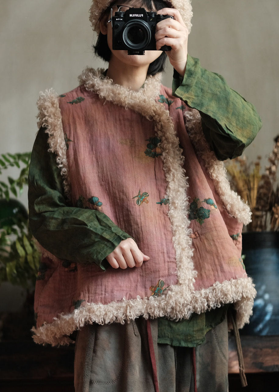 Bohemian Pink Faux Fur Patchwork Fine Cotton Filled Vest Winter