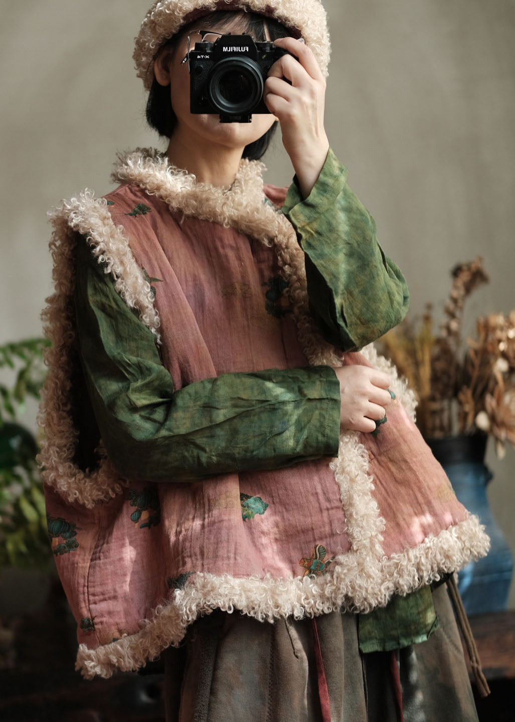 Bohemian Pink Faux Fur Patchwork Fine Cotton Filled Vest Winter