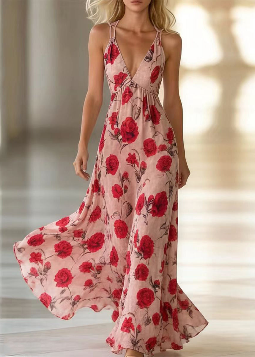 Bohemian Pink Floral Print Exra Large Hem Chiffon Vacation Dresses Summer