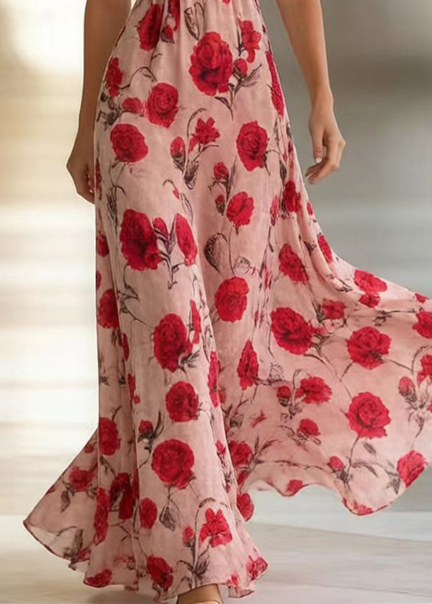 Bohemian Pink Floral Print Exra Large Hem Chiffon Vacation Dresses Summer