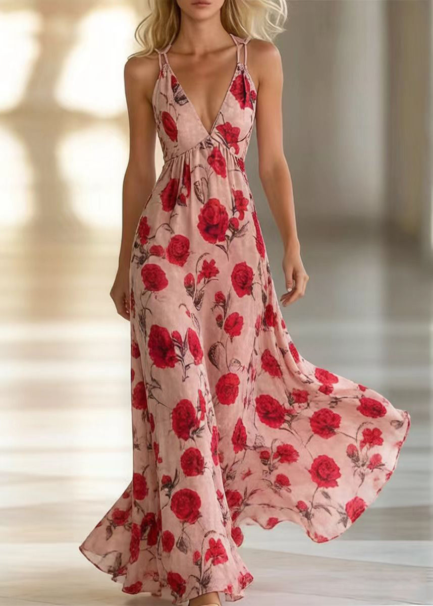 Bohemian Pink Floral Print Exra Large Hem Chiffon Vacation Dresses Summer