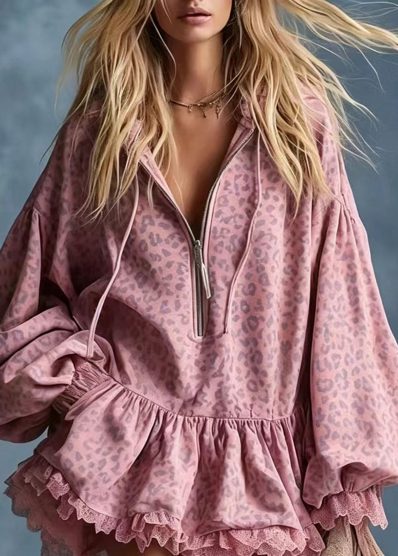 Bohemian Pink Leopard Zip Up Mini Dress Lantern Sleeve