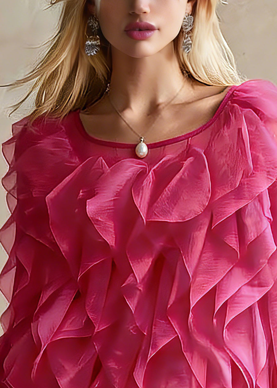 Bohemian Pink O-Neck Ruffled Chiffon Top Spring - Omychic