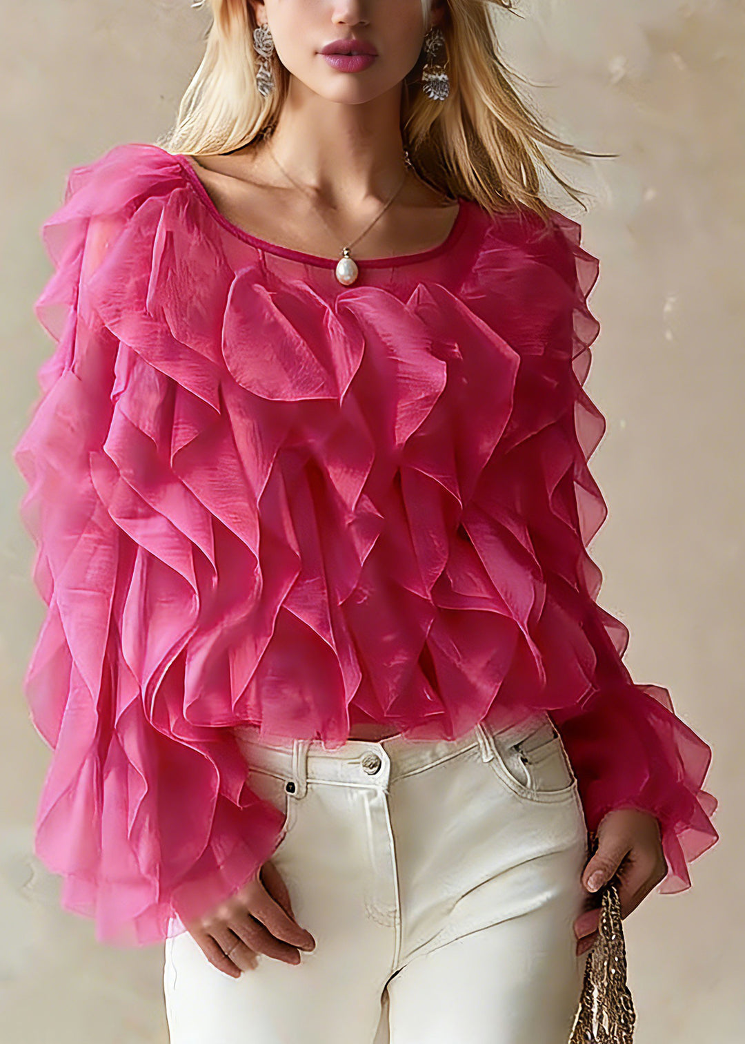 Bohemian Pink O-Neck Ruffled Chiffon Top Spring - Omychic