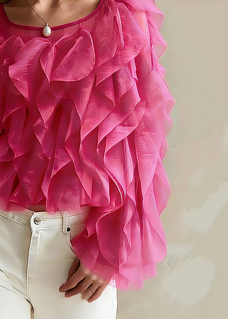 Bohemian Pink O-Neck Ruffled Chiffon Top Spring - Omychic
