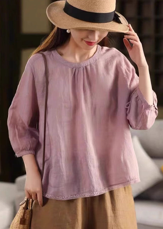 Bohemian Pink Oversized Patchwork Linen Shirts Bracelet Sleeve