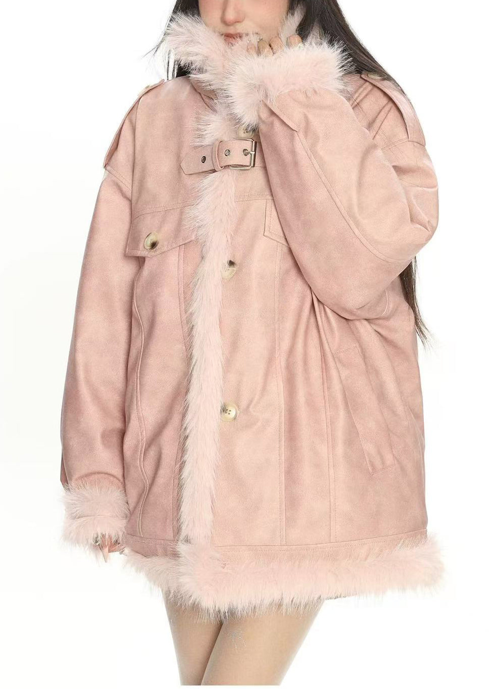 Bohemian Pink Oversized Patchwork Warm Faux Leather Coat Winter