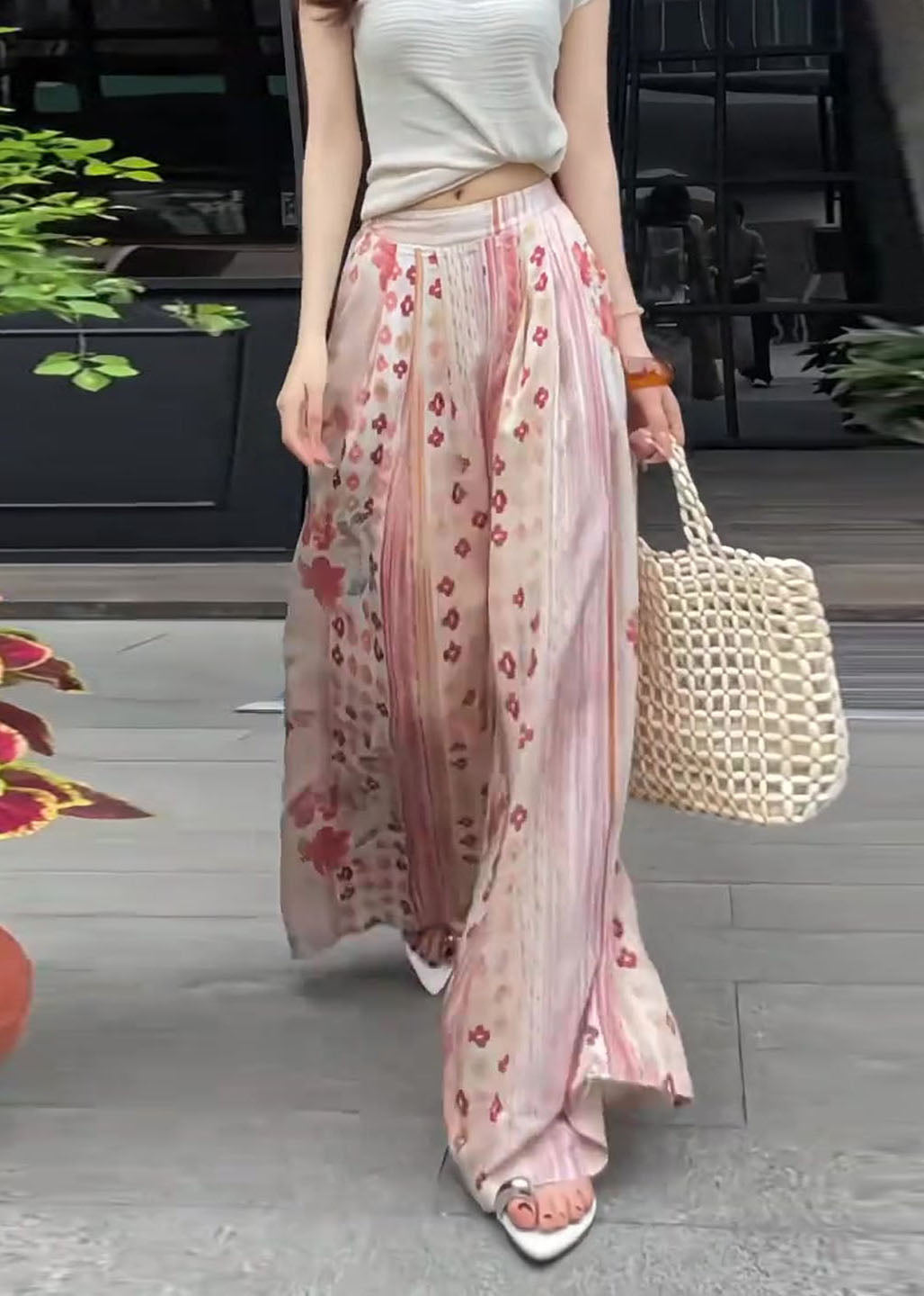 Bohemian Pink Oversized Print Cotton Wide Leg Pants Fall