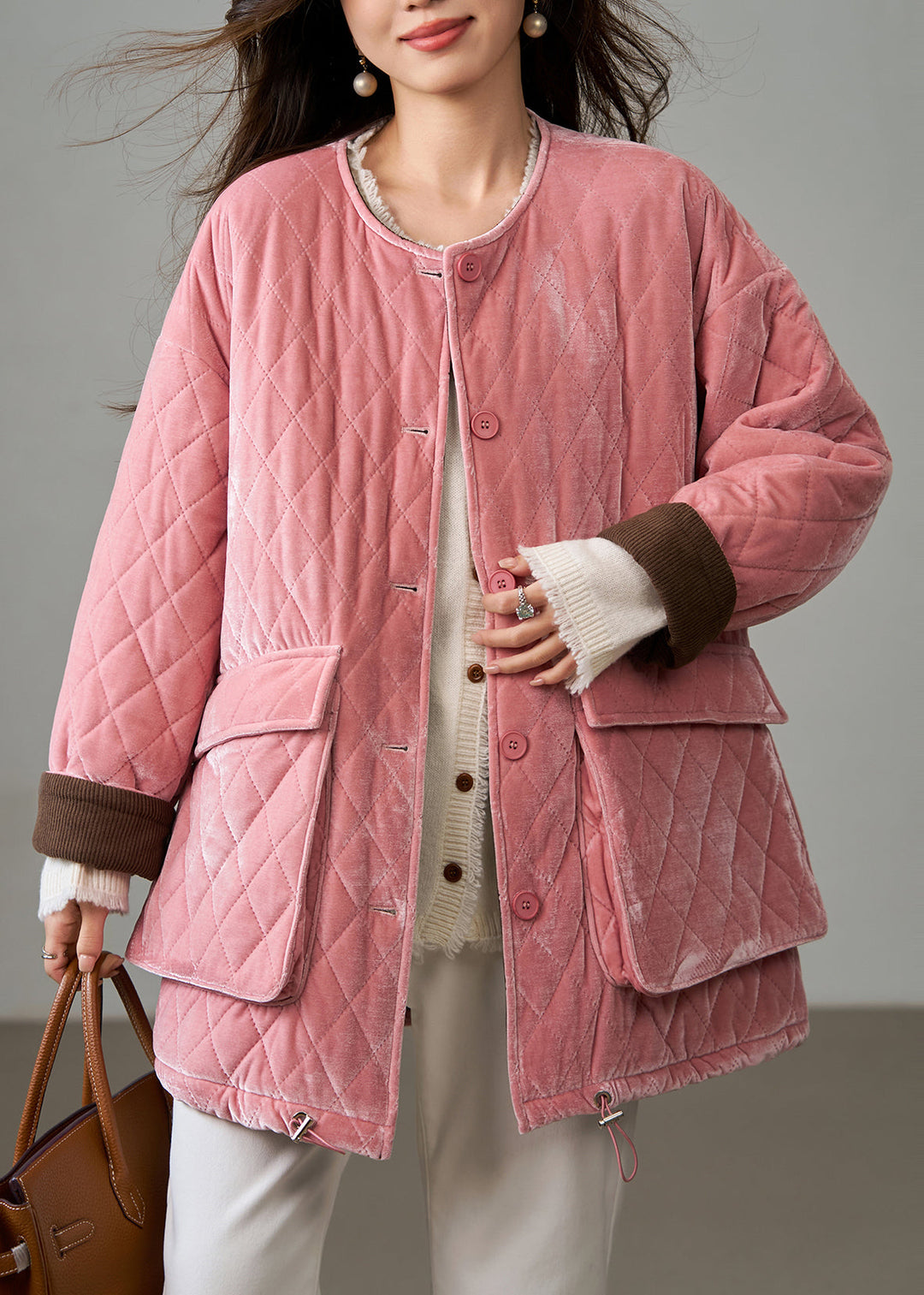 Bohemian Pink Plaid Fine Cotton Filled Silk Velvet Jackets Winter