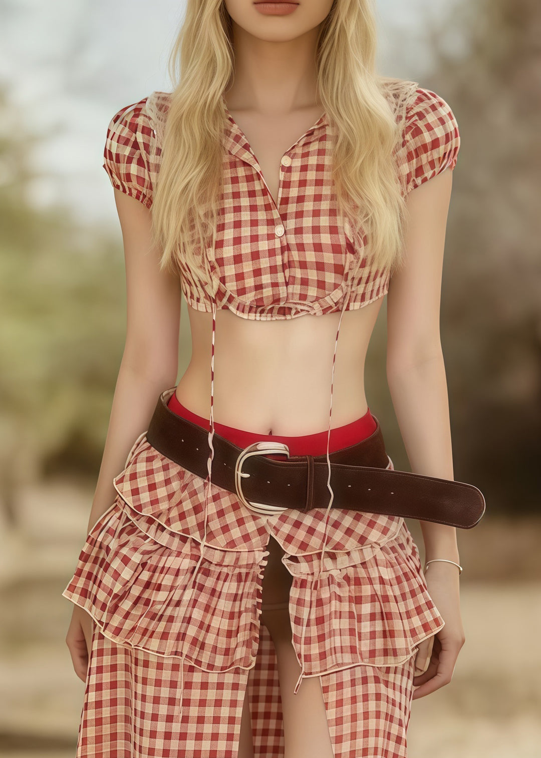 Bohemian Pink Plaid Side Open Cotton Two Pieces Set Summer