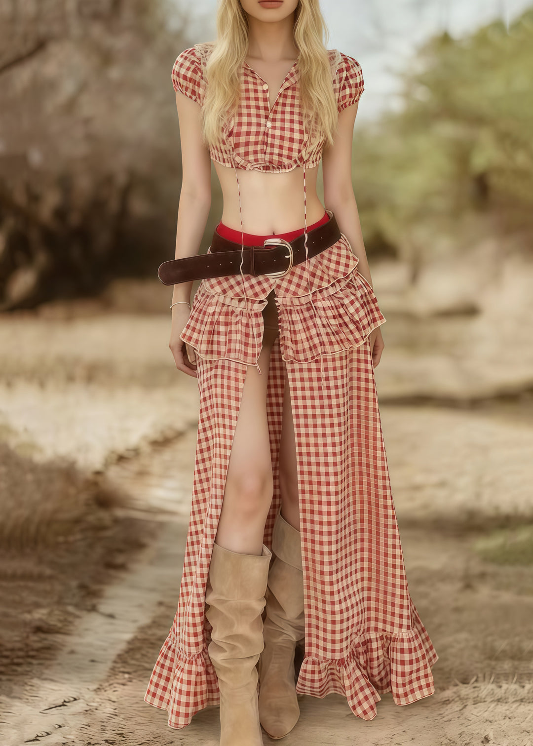 Bohemian Pink Plaid Side Open Cotton Two Pieces Set Summer