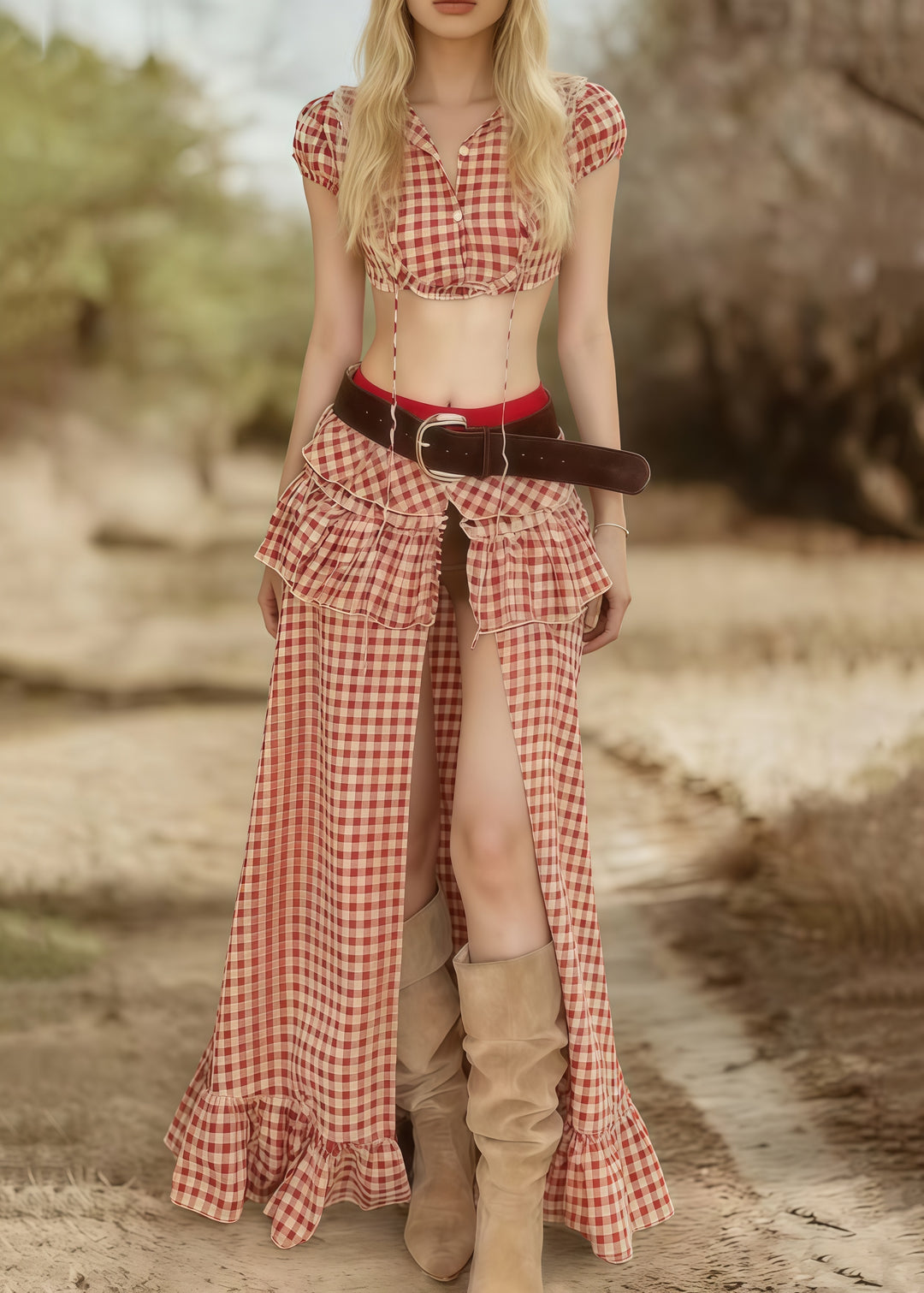 Bohemian Pink Plaid Side Open Cotton Two Pieces Set Summer