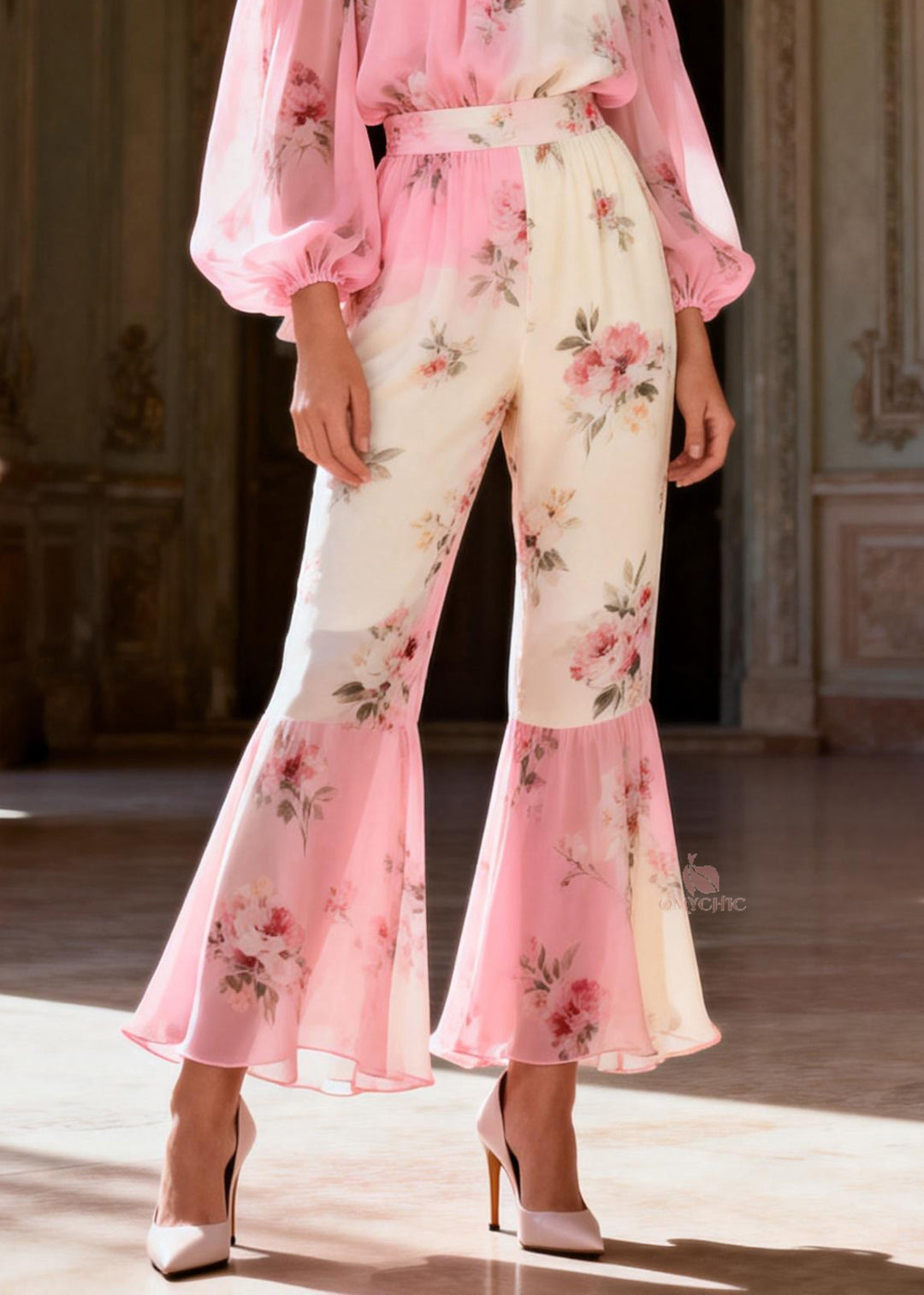 Bohemian Pink Print Cold Shoulder Chiffon Shirts And Flared Trousers Two-Piece Set Spring